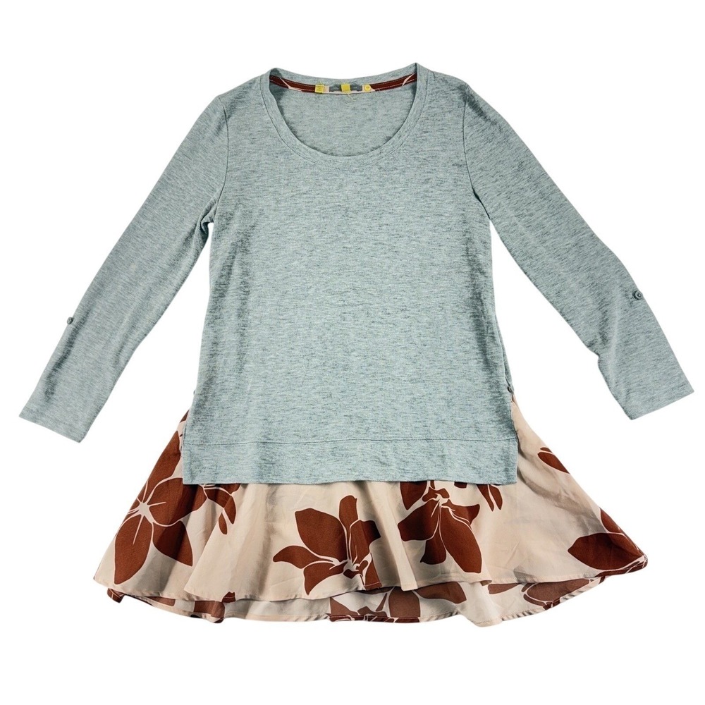 Anthropologie Little Yellow Button XS Gray Floral Romantic‎ Prairie Tunic Top